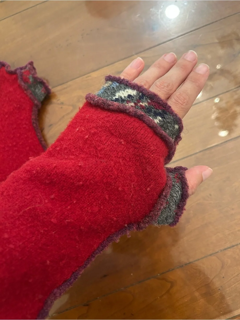 Handmade Red Wool Fingerless Mitts with Patterned Cuff